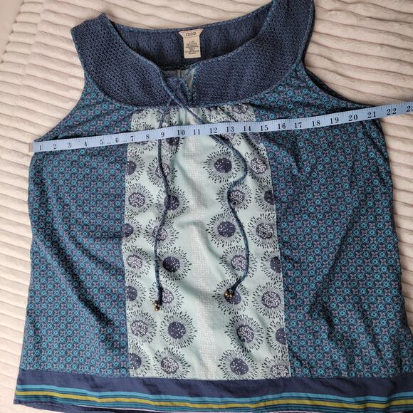 IZOD Boho Crochet(Top) Patchwork Top Size L Tie Front Tassels Blue Flowy Artist - Picture 5 of 9